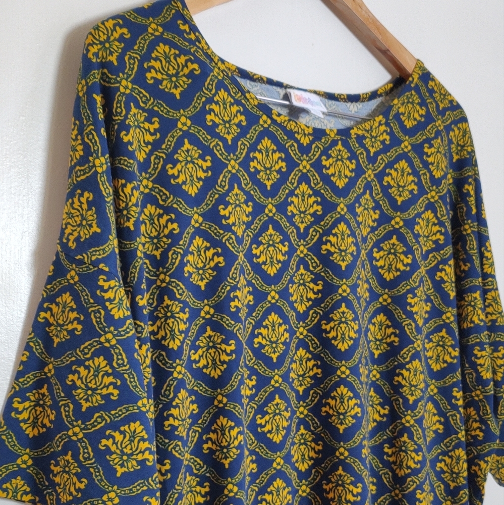 Lularoe Irma Elegant Blue and Yellow Patterned Women's Top - Picture 2 of 5
